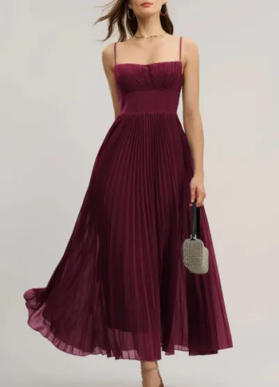 Women Elegant Sexy Solid Color Spaghetti Strap Backless Pleated Party Bridesmaid Dress