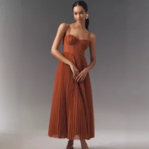 Women Elegant Sexy Solid Color Spaghetti Strap Backless Pleated Party Bridesmaid Dress