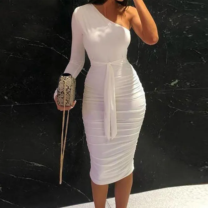 Women Sexy Solid Color Asymmetric Shoulder Long Sleeve Slim Fit Dress