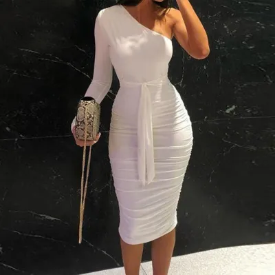 Women Sexy Solid Color Asymmetric Shoulder Long Sleeve Slim Fit Dress