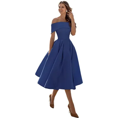 Women Elegant Solid Color Satin Off-Shoulder Loose Party Bridesmaid Dress