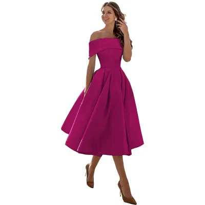 Women Elegant Solid Color Satin Off-Shoulder Loose Party Bridesmaid Dress