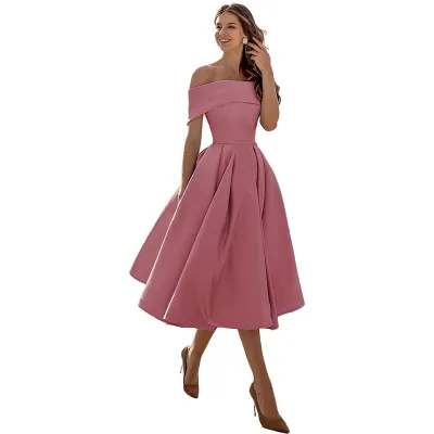Women Elegant Solid Color Satin Off-Shoulder Loose Party Bridesmaid Dress