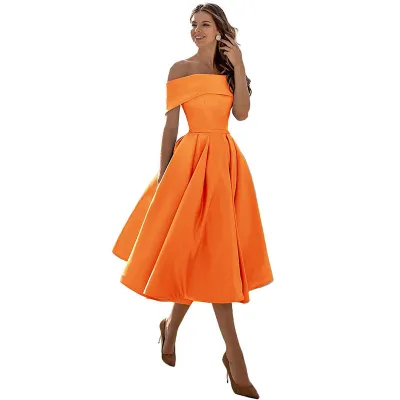 Women Elegant Solid Color Satin Off-Shoulder Loose Party Bridesmaid Dress