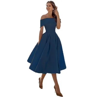 Women Elegant Solid Color Satin Off-Shoulder Loose Party Bridesmaid Dress