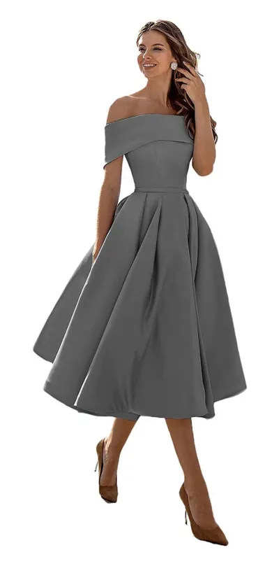 Women Elegant Solid Color Satin Off-Shoulder Loose Party Bridesmaid Dress