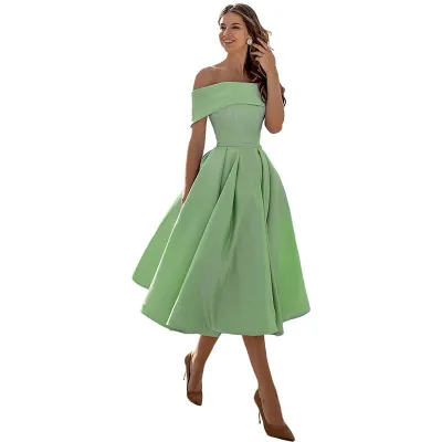 Women Elegant Solid Color Satin Off-Shoulder Loose Party Bridesmaid Dress