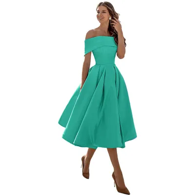 Women Elegant Solid Color Satin Off-Shoulder Loose Party Bridesmaid Dress