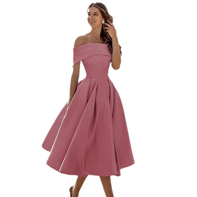 Women Elegant Solid Color Satin Off-Shoulder Loose Party Bridesmaid Dress