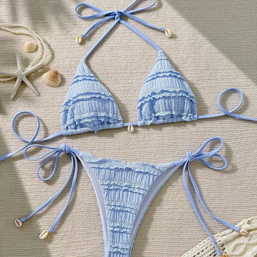 Women Fashion Sexy Solid Color Lace Edge Halter-Neck Lace-Up Bikini Swimsuit