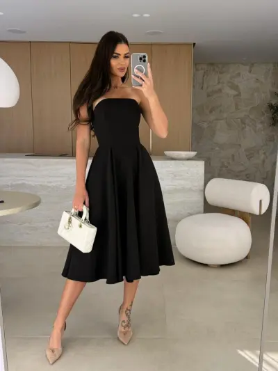 Women Solid Color Tube Midi Dress Socialite Style Polyester