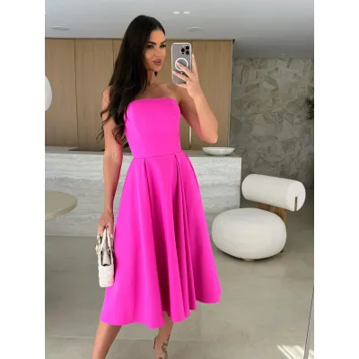Women Solid Color Tube Midi Dress Socialite Style Polyester