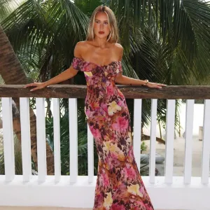Summer Women Sexy Floral Print Bodycon Off-Shoulder Maxi Dress