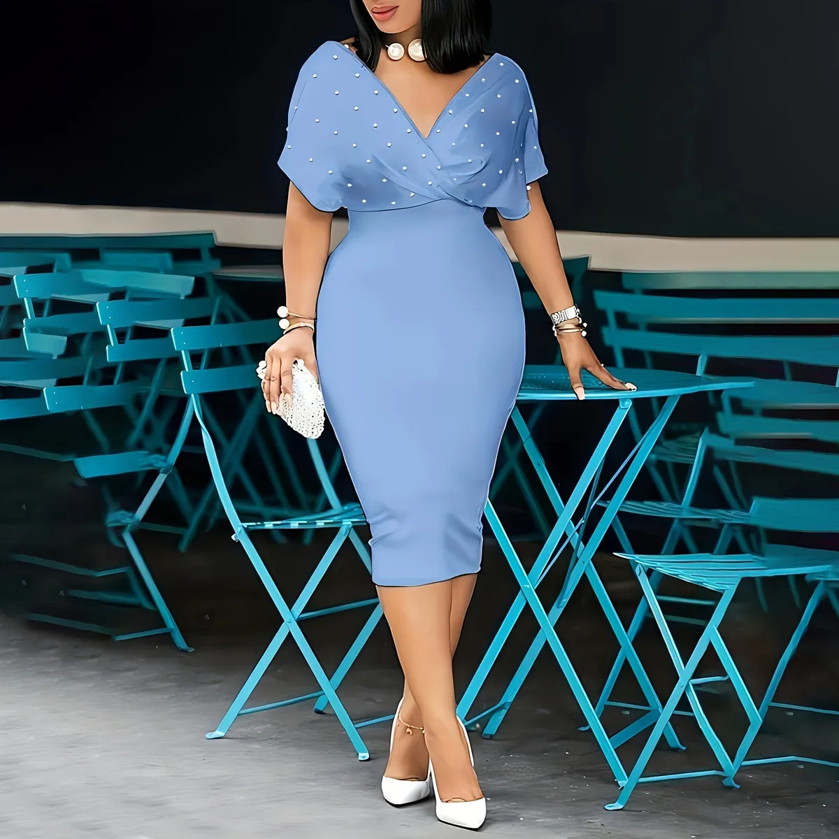 Women Elegant Solid Color Pearl Decoration V-Neck Short-Sleeve Slim Fit Dress