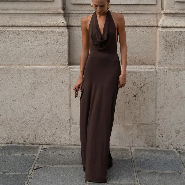 Summer Women Sexy Solid Halter Maxi Dress