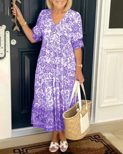 Women Bohemian Casual Loose Tiny Flower Midi Dress