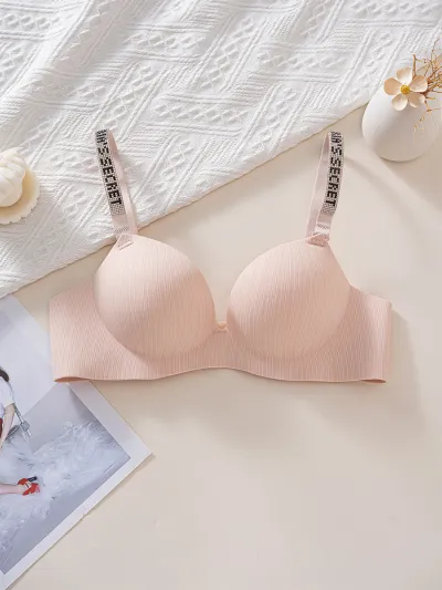 Women Fashion Sexy Solid Color Letter Strap Non-Steel Ring Bra