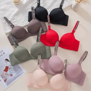 Women Fashion Sexy Solid Color Letter Strap Non-Steel Ring Bra