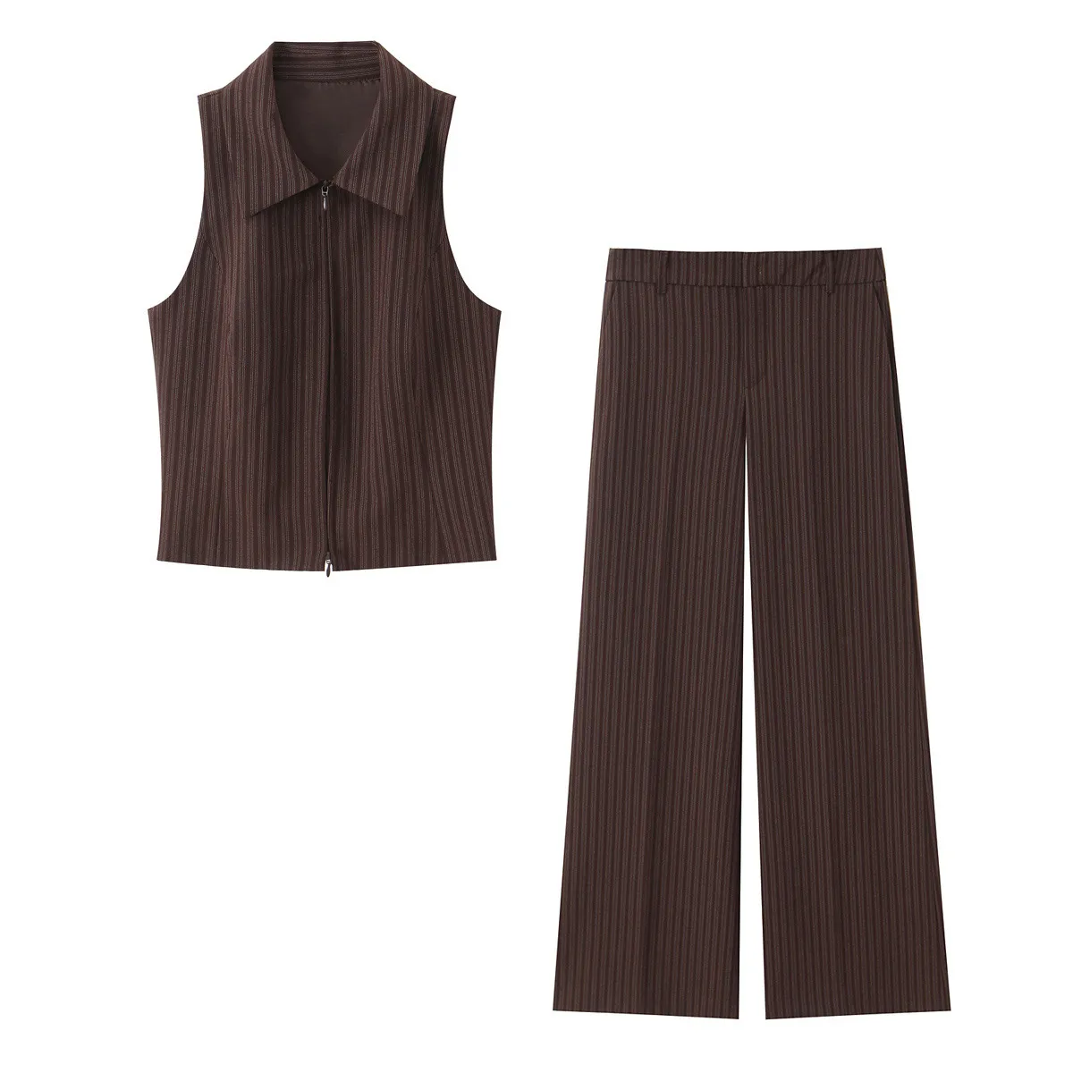 Women Fashion Casual Solid Color Stripe Lapel Zipper Vest Low Waist Flared Pants Two-Piece Set