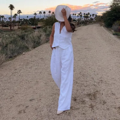 Women Fashion Casual Solid Color Cotton Linen Sleeveless Vest Loose Pants Two-Piece Set
