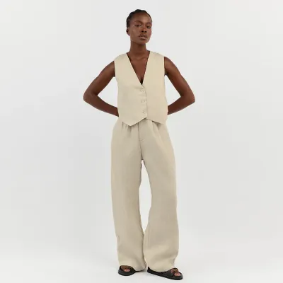 Women Fashion Casual Solid Color Cotton Linen Sleeveless Vest Loose Pants Two-Piece Set