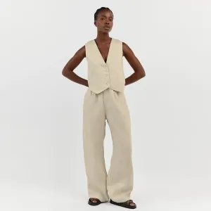 Women Fashion Casual Solid Color Cotton Linen Sleeveless Vest Loose Pants Two-Piece Set