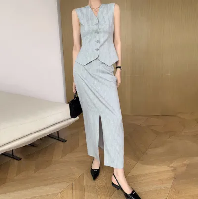 Women Fashion Sexy Grey Stripe Sleeveless Tank Top High Waist Split Skirt Two-Piece Set