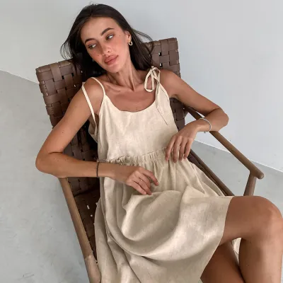 Women Casual Solid Color Cotton Linen Spaghetti Strap Loose Dress