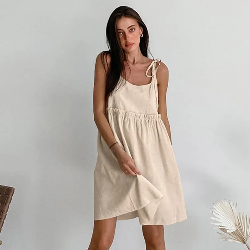 Women Casual Solid Color Cotton Linen Spaghetti Strap Loose Dress