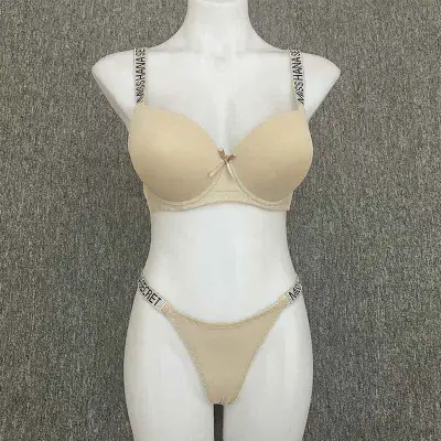 Women Fashion Sexy Solid Color Basic Letter Shoulder Strap Steel Ring Bra Underwear Set