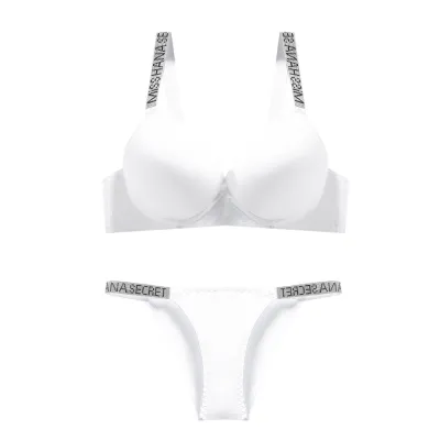 Women Fashion Sexy Solid Color Basic Letter Shoulder Strap Steel Ring Bra Underwear Set
