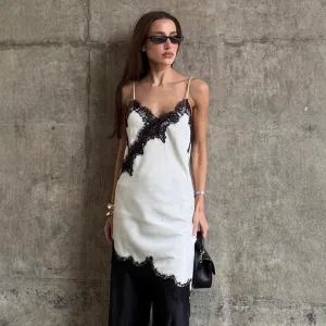 Women Sexy Elegant Contrast Color Lace Stitching Spaghetti Strap Backless Dress