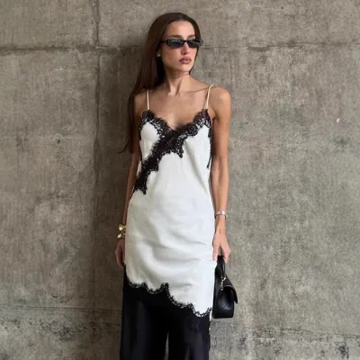 Women Sexy Elegant Contrast Color Lace Stitching Spaghetti Strap Backless Dress
