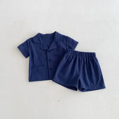 Kids Boys Fashion Casual Simple Solid Color Short-Sleeve Cardigan Loose Shorts Two-Piece Summer Set