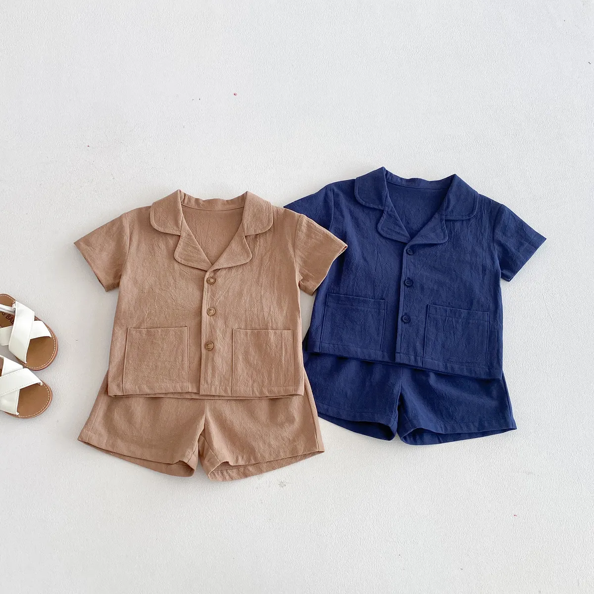 Kids Boys Fashion Casual Simple Solid Color Short-Sleeve Cardigan Loose Shorts Two-Piece Summer Set