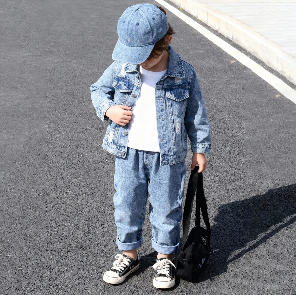 Kids Boy's Fashion Casual Lapel Long-Sleeve Denim Jacket and Jeans Two-Piece Set