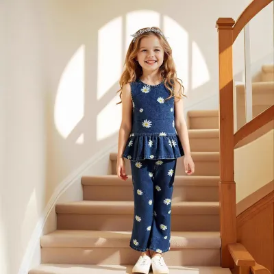 Kids Girls Fashion Casual Floral Printed Round Neck Sleeveless Top Loose Pants Denim Two-Piece Set