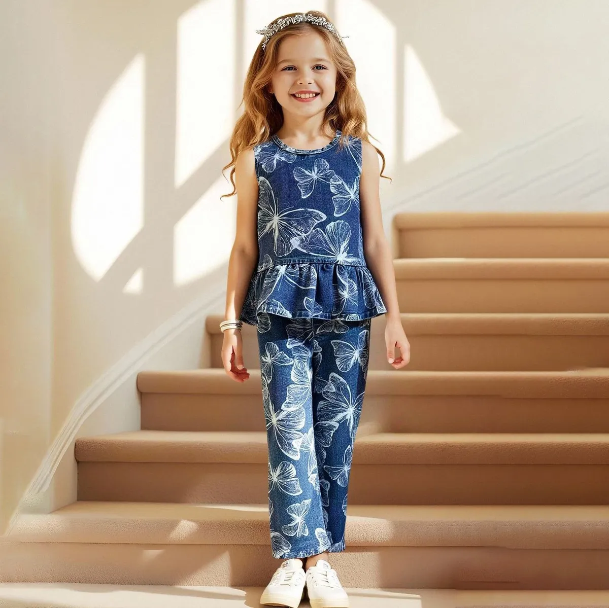 Kids Girls Fashion Casual Floral Printed Round Neck Sleeveless Top Loose Pants Denim Two-Piece Set