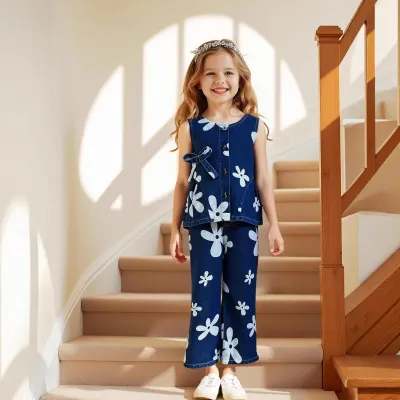Kids Girl's Fashion Casual Floral Printed Sleeveless Tank Top Loose Cropped Denim Jeans Two-Piece Set