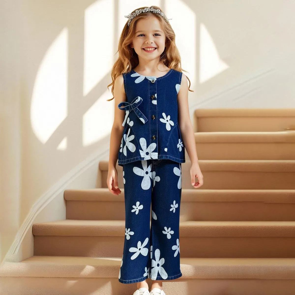 Kids Girl's Fashion Casual Floral Printed Sleeveless Tank Top Loose Cropped Denim Jeans Two-Piece Set