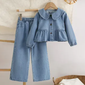 Kids Girls Casual Lapel Long-Sleeve Jacket Top Loose Jeans Two-Piece Set