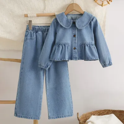 Kids Girls Casual Lapel Long-Sleeve Jacket Top Loose Jeans Two-Piece Set