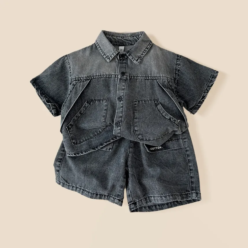 Kids Boys' Fashion Casual Denim Two-Piece Set with Lapel Short-Sleeve Top and Loose Shorts