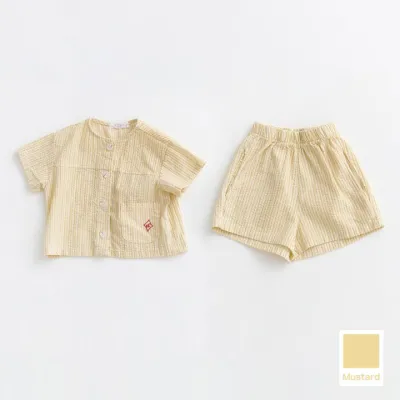 Kids Boys And Girls Fashion Casual Striped Thin Cotton Short-Sleeve Cardigan Loose Shorts Two-Piece Set