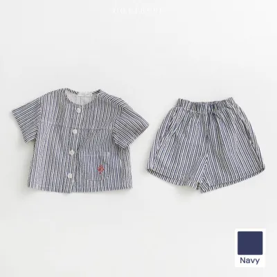 Kids Boys And Girls Fashion Casual Striped Thin Cotton Short-Sleeve Cardigan Loose Shorts Two-Piece Set