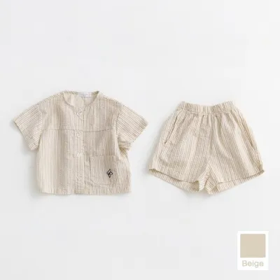 Kids Boys And Girls Fashion Casual Striped Thin Cotton Short-Sleeve Cardigan Loose Shorts Two-Piece Set