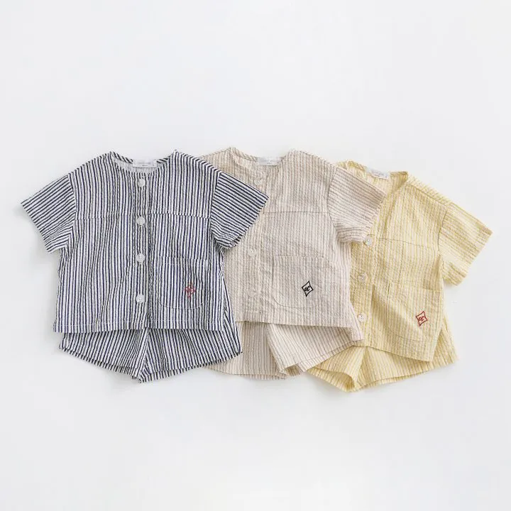 Kids Boys And Girls Fashion Casual Striped Thin Cotton Short-Sleeve Cardigan Loose Shorts Two-Piece Set