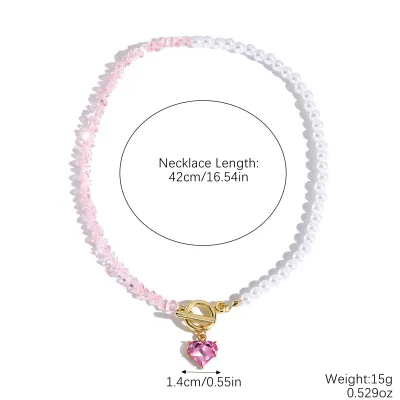 Women Fashion Beads Love Pendant Crystal Necklace Pearl Chain