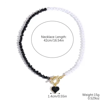 Women Fashion Beads Love Pendant Crystal Necklace Pearl Chain
