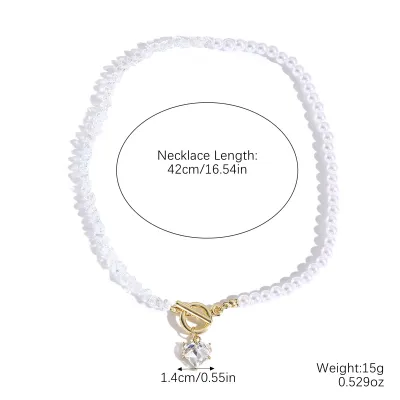 Women Fashion Beads Love Pendant Crystal Necklace Pearl Chain